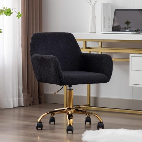 Yoluckea Faux Fur Desk Chair with Wheels, Adjustable Swivel Vanity Chair, White B978800