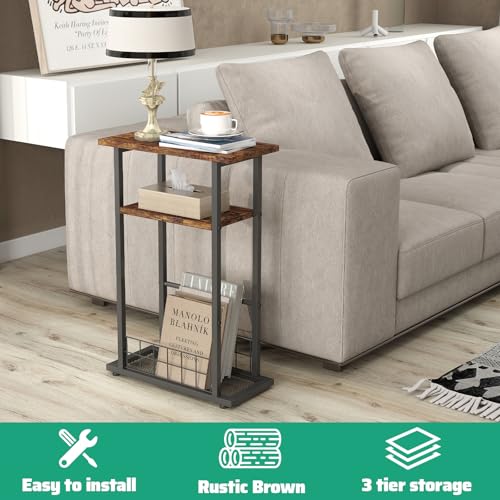 Rustic Brown 3-Tier Narrow Side Table with Magazine Holder I9606