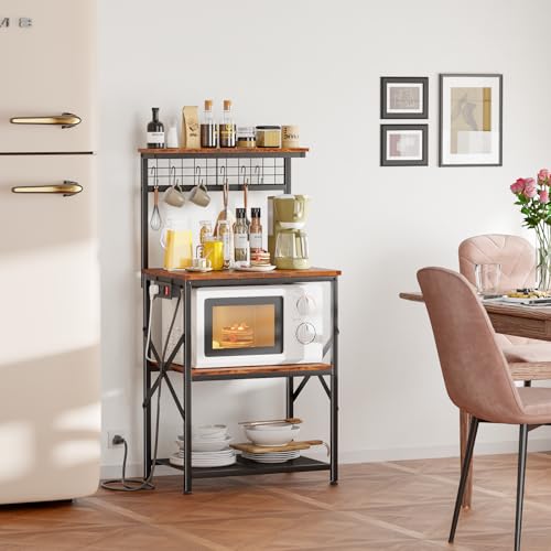 Furologee Kitchen Bakers Rack with Power Outlet, 4-Tier Microwave Stand, Rustic Brown Q634