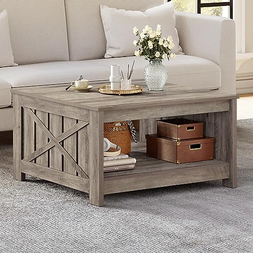 YITAHOME Farmhouse Coffee Table with Storage, Rustic Wood, Brown U567502