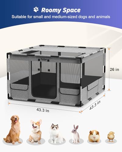 Dog Playpen 43x43x26 Inches Portable with Top Cover, Gray A364