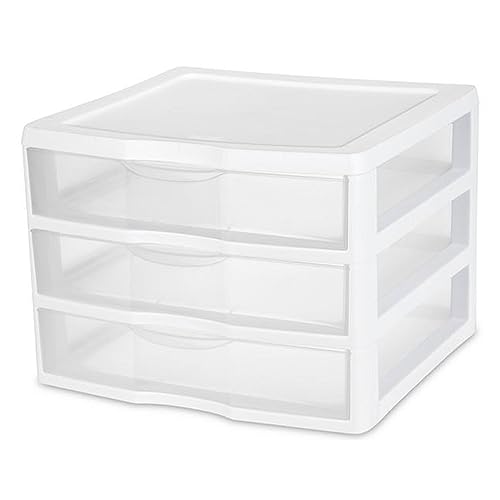 Sterilite 3-Pack Wide 3 Drawer Unit, Plastic Desktop Organizer, White Frame X750