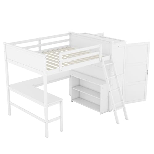 SOFTSEA Twin Size Loft Bed with Desk & Wardrobe, Solid Wood, Grey Q18519