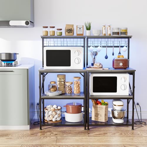 Furologee Bakers Rack with Power Outlet and LED Light, 4-Tier Microwave Stand, Rustic Brown M537