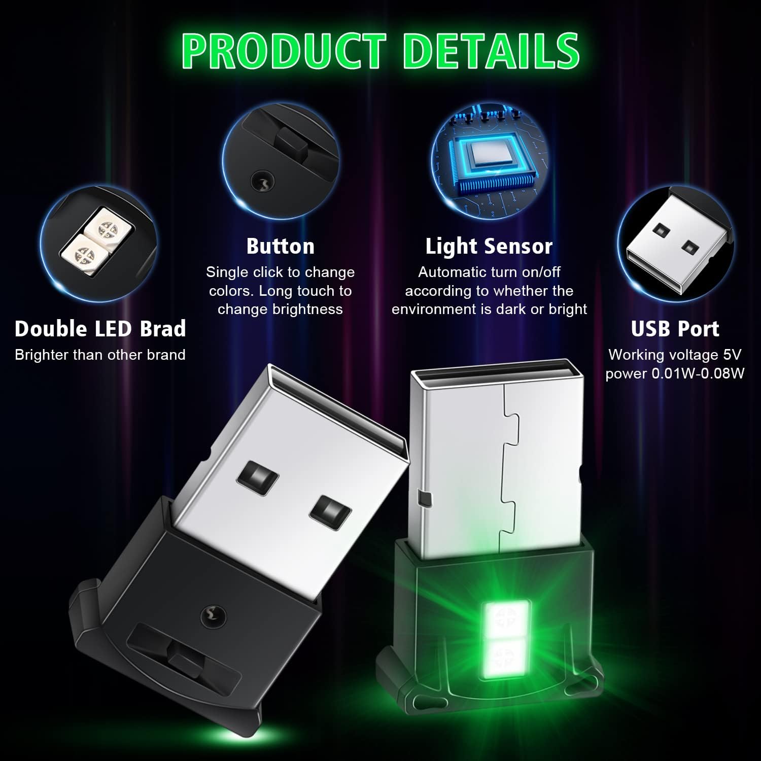 Ouzorp 4 Pcs Mini USB LED Light, RGB Car Interior Lighting with Adjustable Brightness H70931