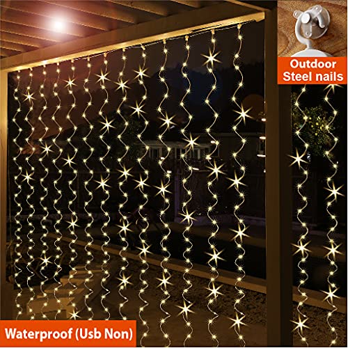 ZSJWL 2 Pack Curtain Lights, 300 LED Warm White with Remote, 9.8 × 9.8 Ft for Bedroom Window G2485