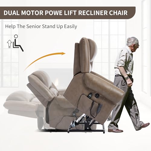 Dual Motor Power Lift Recliner Chair with Massage and Heat, Faux Leather, Brown V8458