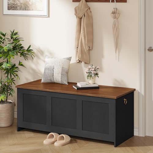 HOOBRO Storage Bench, 39.3" Retro Wooden Chest with Lift Top, White and Walnut C2921