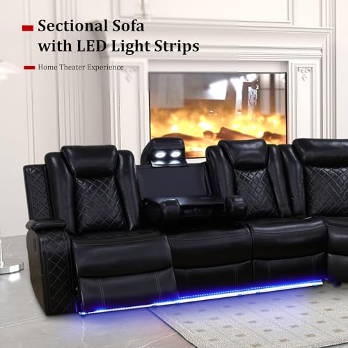 Leather Power Recliner Sectional Sofa with LED, USB Port and Cup Holder G14453