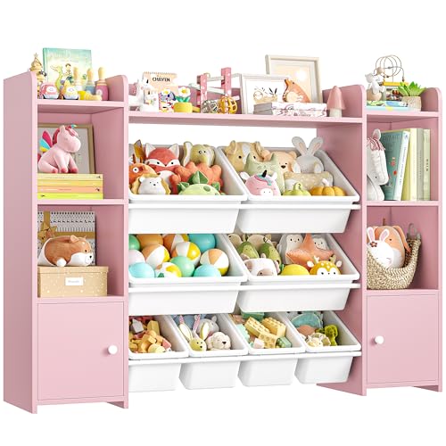 FOTOSOK 55" Toy Storage Organizer with 8 Bins and Bookshelf, Pink J681345