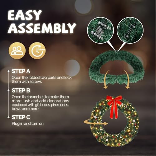 VINGLI 48 Inch Pre-lit Artificial Christmas Wreath with 150 LED Lights T885