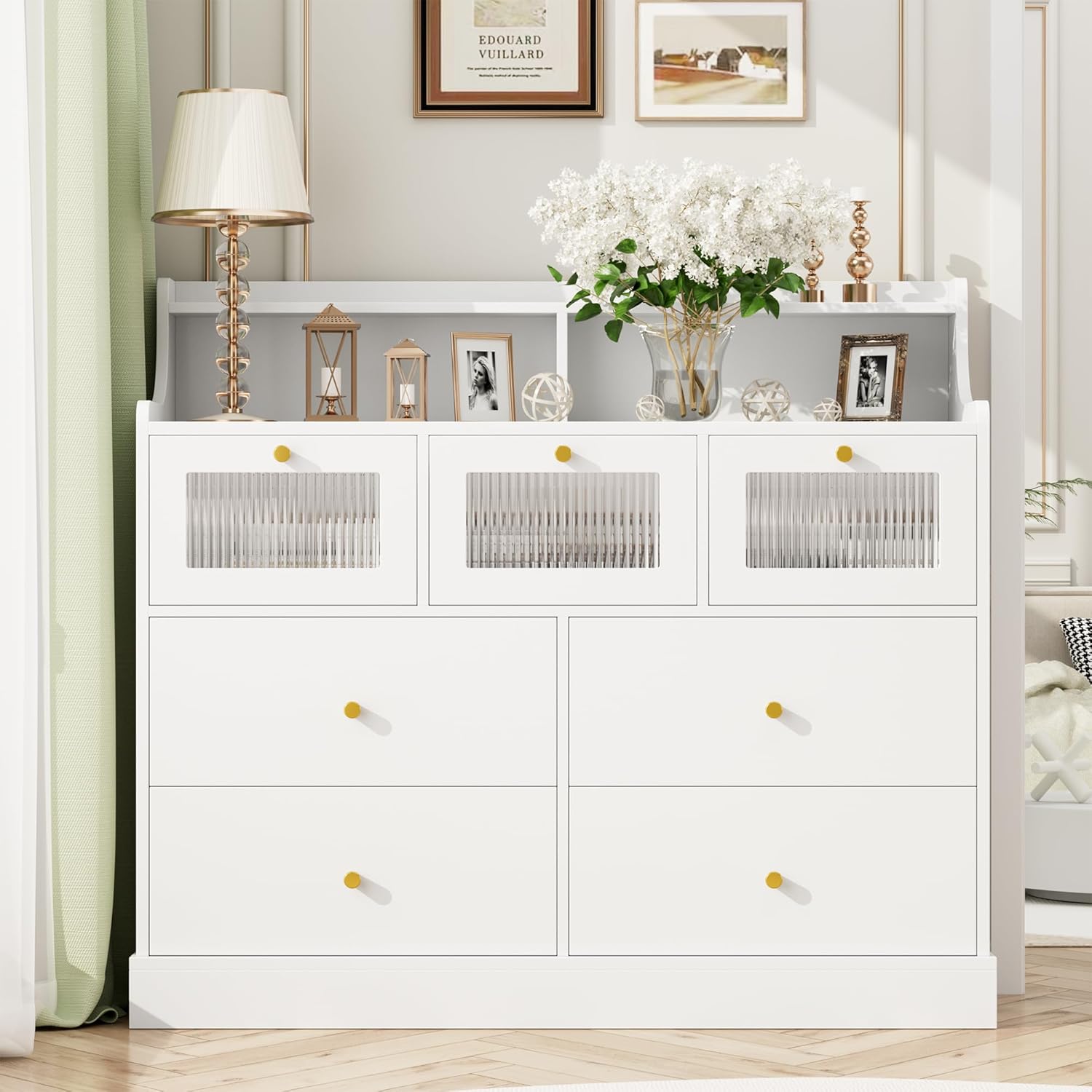 finetones 7 Drawer Dresser with Shelves, White and Gold W3983