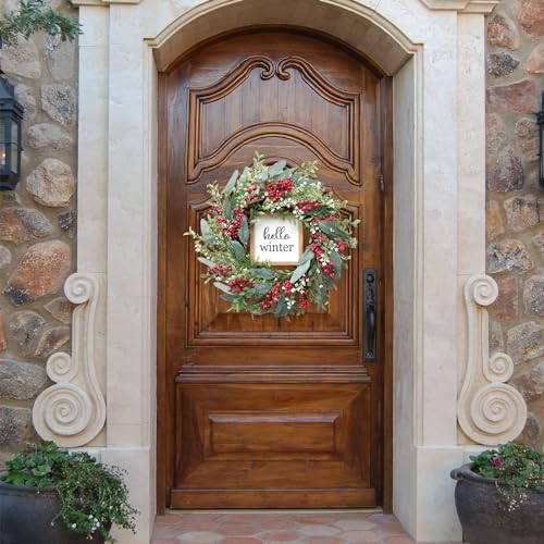 TEMPUS Christmas Wreath 20" Red Berries with Hello Winter Sign C803