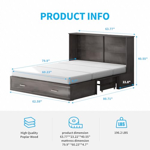 Mjkone Queen Murphy Bed with Tri-Fold Mattress, Charging Station and Storage Drawers, Cherry O58055