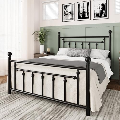 Allewie 14 Inch Full Size Metal Platform Bed Frame with Victorian Headboard, Black E84939