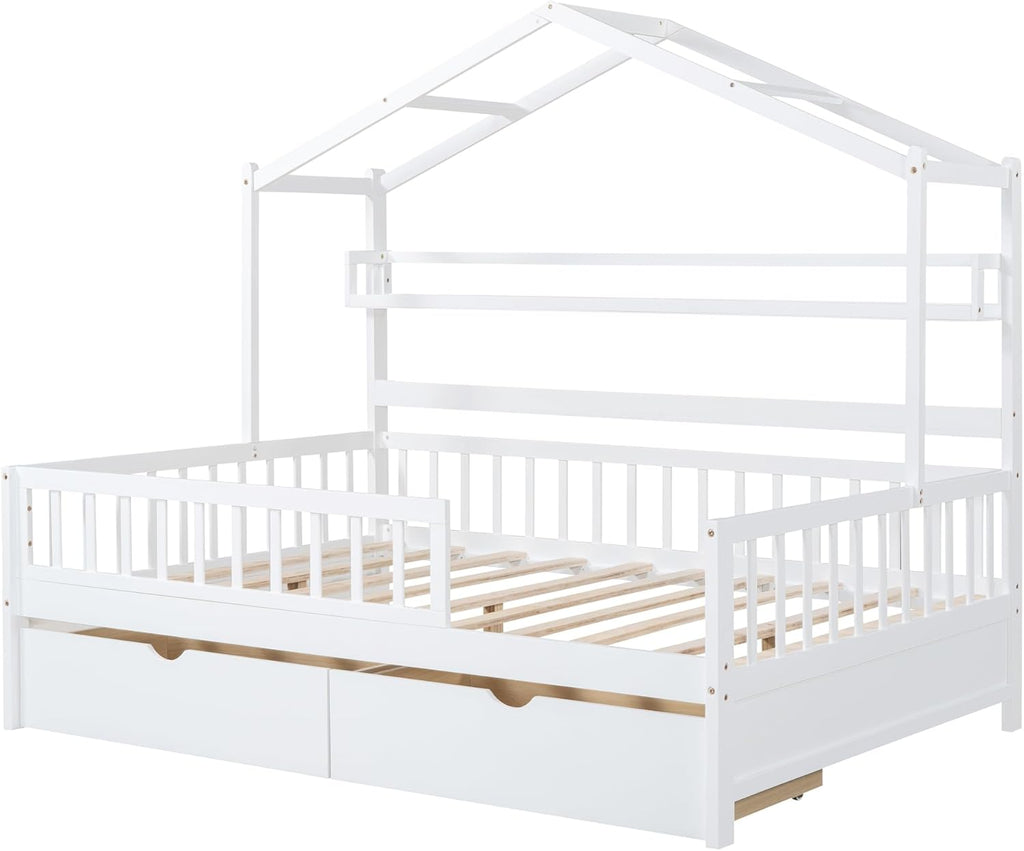 Wooden Full Size House Bed Frame with 2 Drawers and Storage Shelf T40310