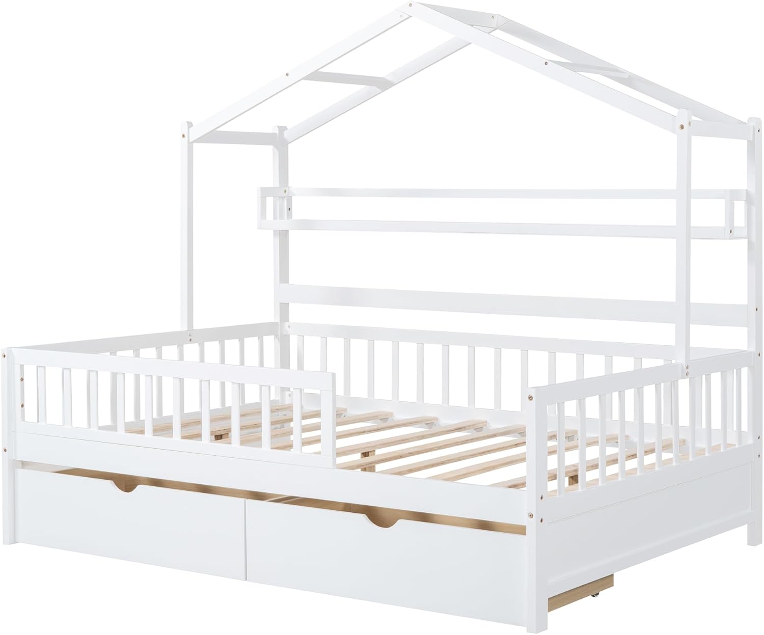 Wooden Full Size House Bed Frame with 2 Drawers and Storage Shelf T40310