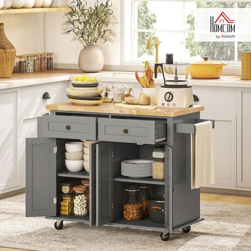 HOMCOM Kitchen Island on Wheels with Rubberwood Top, Navy Blue X7812