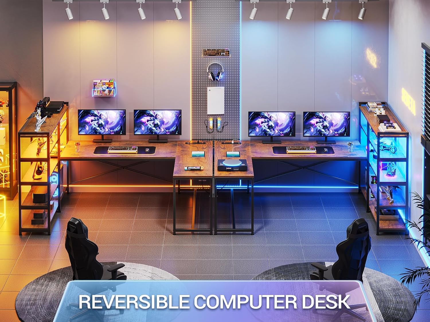 SEDETA L Shaped Computer Desk with Storage Shelves, Power Outlet & LED Light, Rustic Brown D399