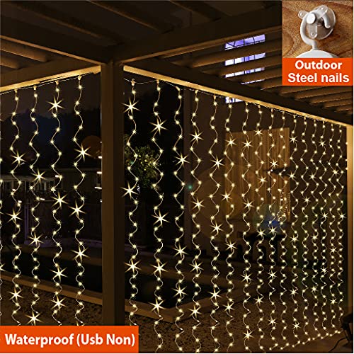 ZSJWL 2 Pack Curtain Lights, 300 LED Warm White with Remote, 9.8 × 9.8 Ft for Bedroom Window G2485