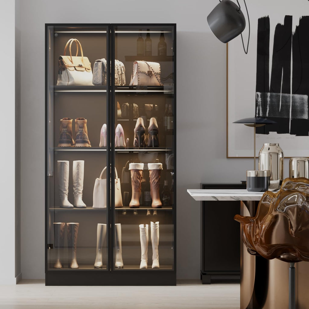 Black Display Cabinet with Glass Doors and Lights, 4-Tier C4875