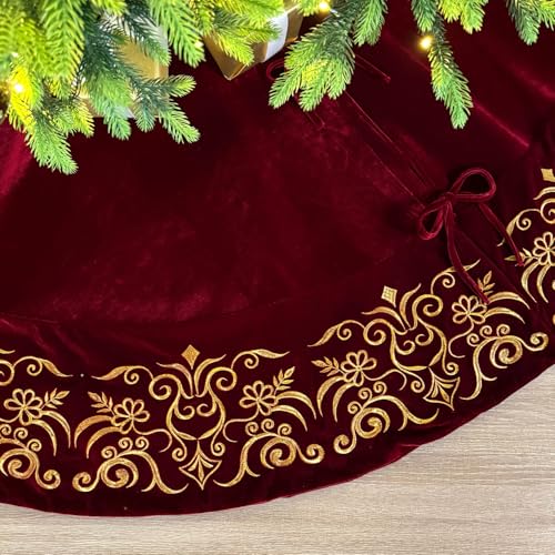 Burgundy Victorian Velvet Christmas Tree Skirt with Gold Damask Embroidery Q6345