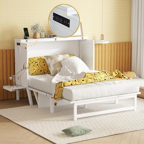 KEIKI Queen Size Murphy Bed with Charging Station and Drawer, Walnut B45816