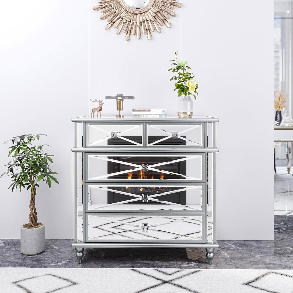 DWVO Silver Mirrored 5 Drawer Dresser for Bedroom with Wood Legs N450767