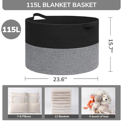 INDRESSME Large Cotton Rope Storage Basket with Handles, 90L Grey R37552