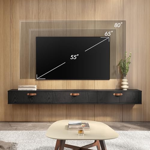 WAMPAT Floating TV Stand, Wall Mounted Wood Media Console, 70 inch, Black A6087