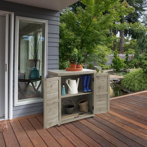 Casafield Outdoor Garden Potting Bench with Metal Tabletop and Storage Cabinet, Gray J404
