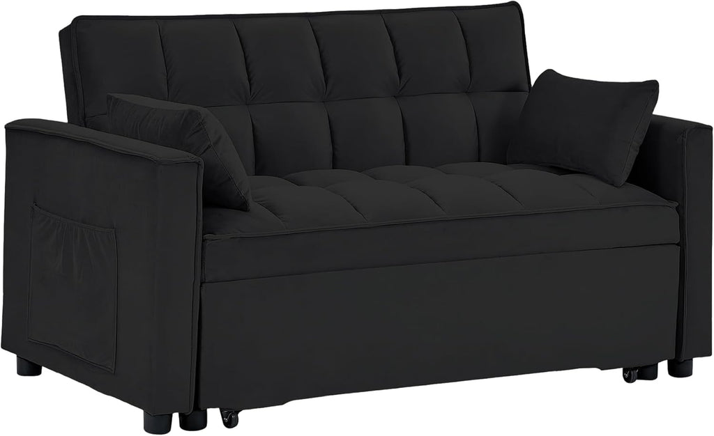 55" Full Size Pull Out Couch 3-in-1 Convertible Futon Sofa Bed, Fluffy Velvet Loveseat U526859