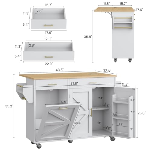 51.8" Kitchen Island Cart with Trash Can Storage and Power Outlet K195612