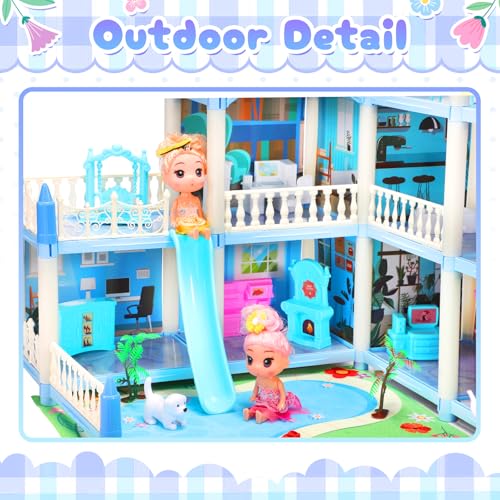 Dollhouse 4-Story 11 Rooms with Furniture and Pool Slide for Toddlers Girls W52940