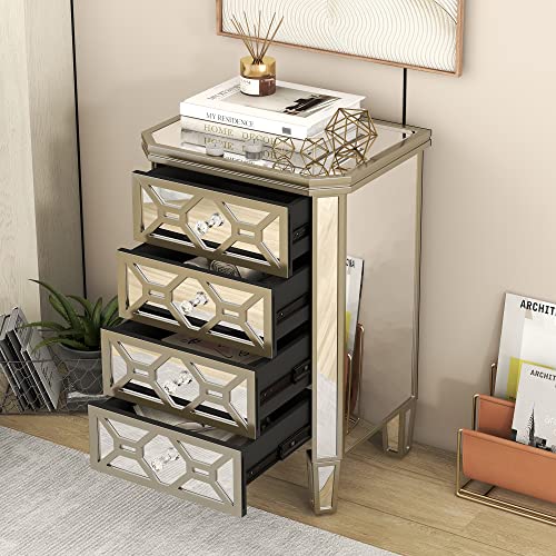 Mirrored 4-Drawer Chest with Golden Lines and Crystal Knob for Bedroom, Silver C933