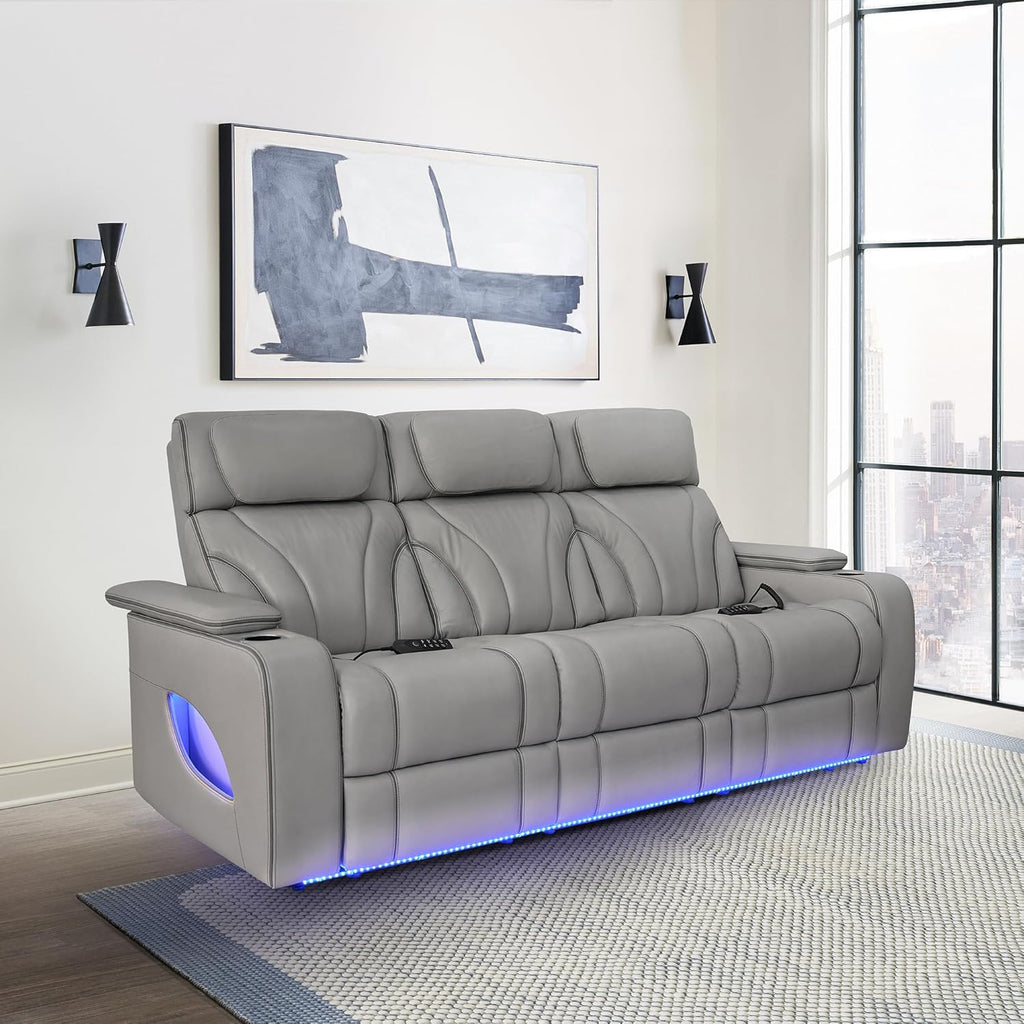 Armen Living Octavia Power Reclining Heated Massage Sofa, 86" Wide, Silver and Gray Leather M65396