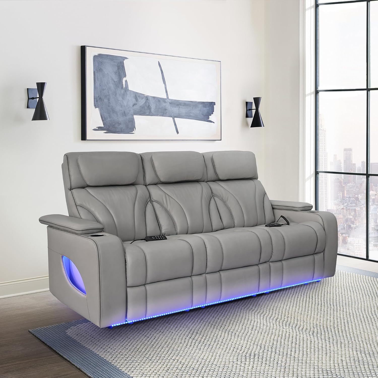 Armen Living Octavia Power Reclining Heated Massage Sofa, 86" Wide, Silver and Gray Leather M65396
