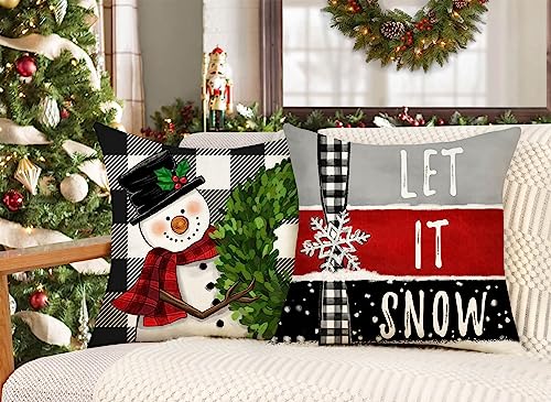 Red Christmas Pillow Covers 18x18 Set of 4 Farmhouse Snowman Santa Tree V263