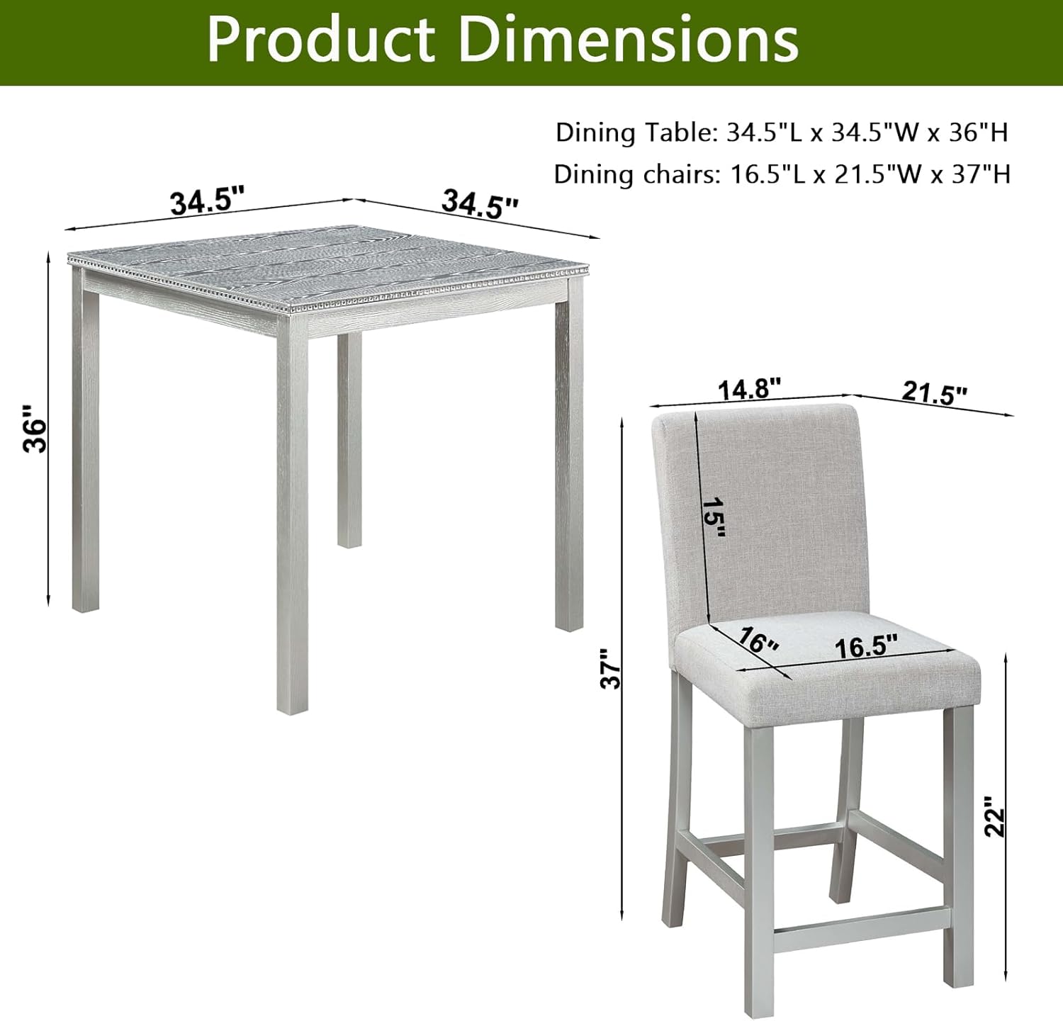 Acacia Wood Counter Height Dining Table Set with 4 Upholstered Chairs, Grey H9064