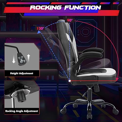 Sweetcrispy Ergonomic PU Leather Gaming Desk Chair with Flip-up Armrest, Black White C54485