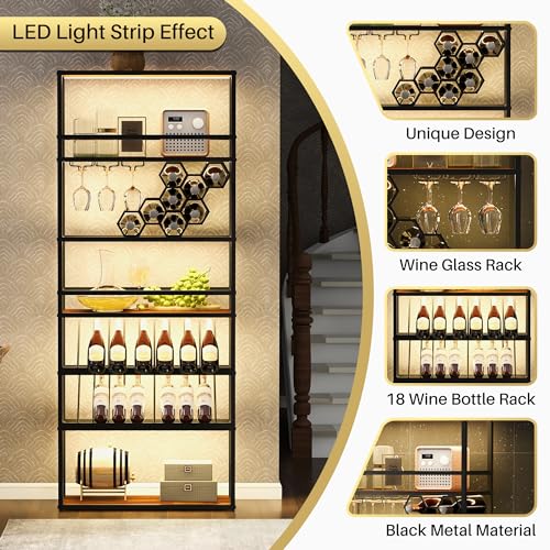 Merax 7-Tier Wine Rack with LED Lights & Glass Holder, Black Gold L47262