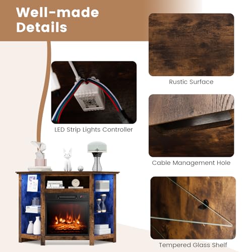 Fireplace Corner TV Stand for 50 Inch TV with LED Lights, Rustic Brown F48207