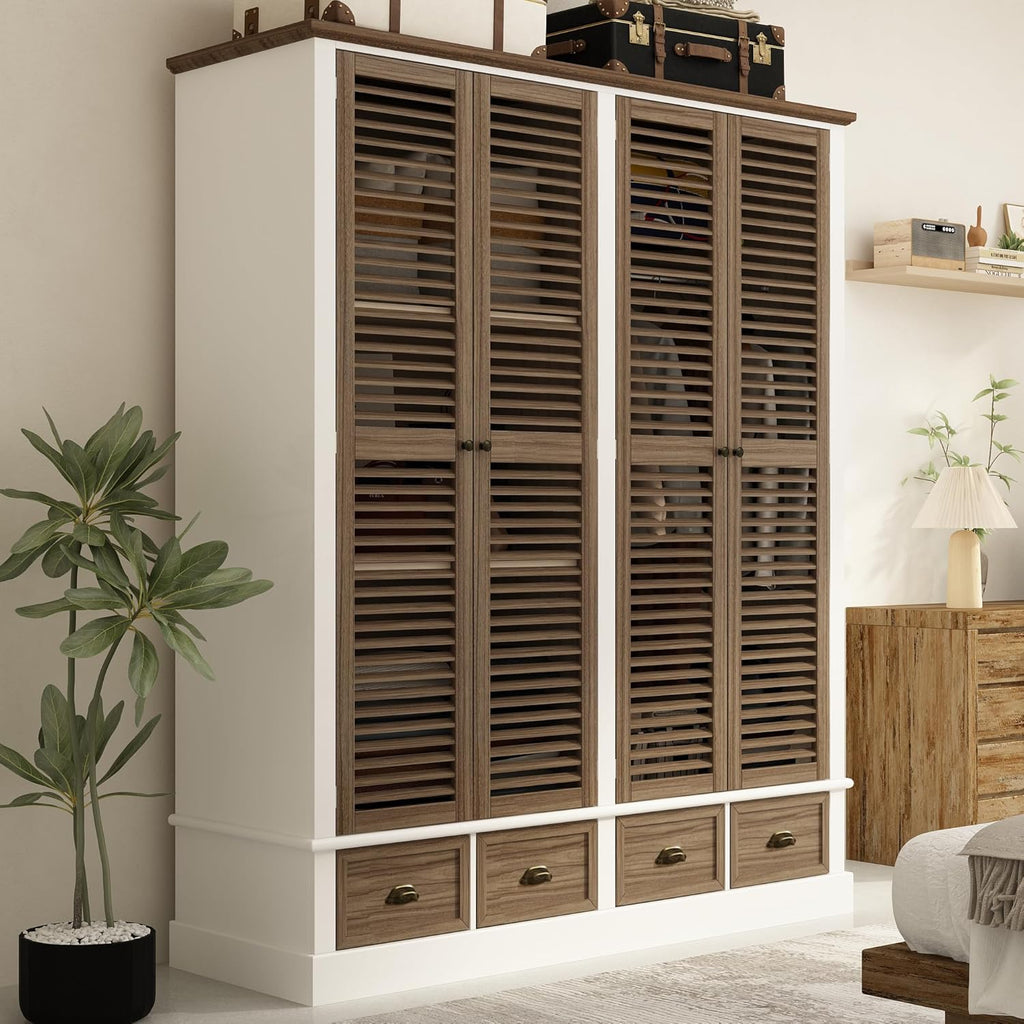 ECACAD 4 Doors Wardrobe Armoire with Louver Doors, Storage Shelves, 4 Drawers & Hanging Rod, Wooden Closet Storage Cabinet for Bedroom, Brown & White (63”W x 19.7”D x 74.8”H)