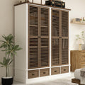 ECACAD 4 Doors Wardrobe Armoire with Louver Doors, Storage Shelves, 4 Drawers & Hanging Rod, Wooden Closet Storage Cabinet for Bedroom, Brown & White (63”W x 19.7”D x 74.8”H)