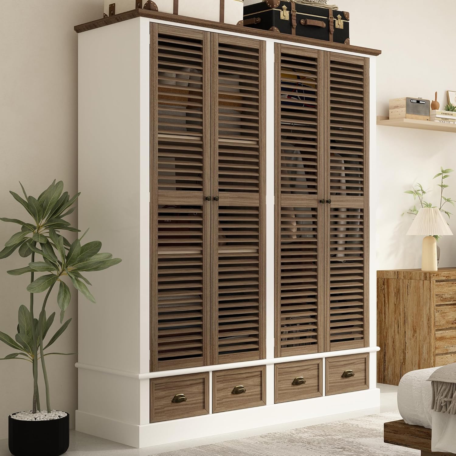 ECACAD 4 Doors Wardrobe Armoire with Louver Doors, Storage Shelves, 4 Drawers & Hanging Rod, Wooden Closet Storage Cabinet for Bedroom, Brown & White (63”W x 19.7”D x 74.8”H)