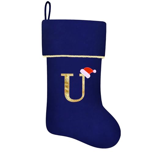 20 Inches Initial Monogram Blue Velvet Christmas Stocking with Gold Trim U394