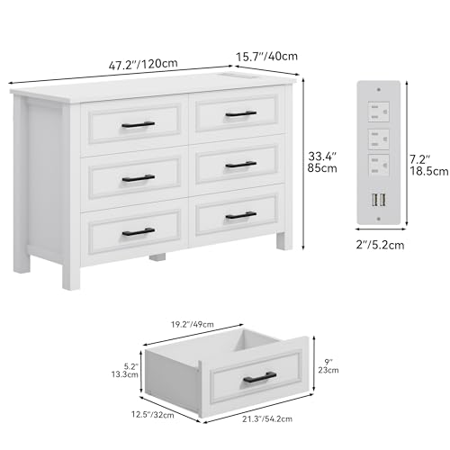 YITAHOME 6-Drawer Dresser with Power Outlet, White H903