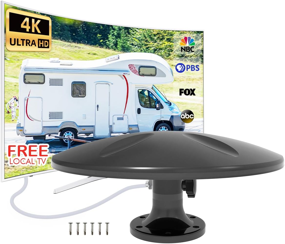 Outdoor TV Antenna 360° Omni-Directional Reception Long 100+ Miles Range Enhance VHF&UHF 4K Ready HDTV Antenna with Added Stability for Outdoor/Attic/RV Use - 32ft RG6 Coax Cable (RV Antenna2)