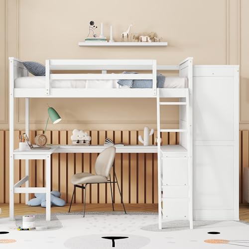 SOFTSEA Twin Size Loft Bed with Desk & Wardrobe, Solid Wood, Grey Q18519