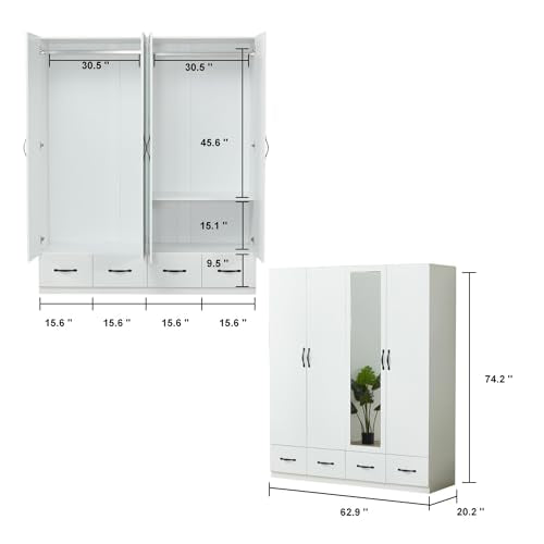 4-Door Wooden Gray Armoire Wardrobe with 3 Drawers for Bedroom Storage M56895
